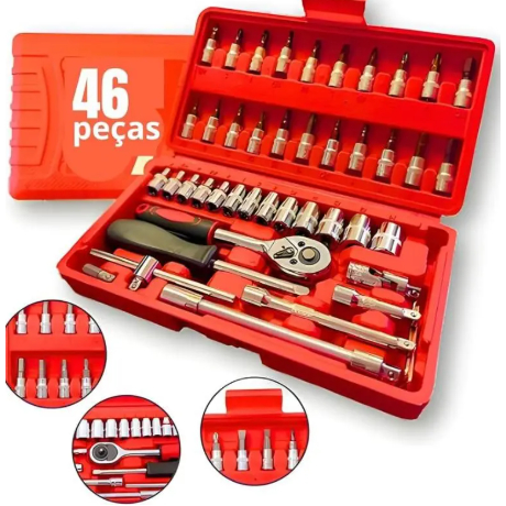 Kit De Ferramentas 46 Peças Jogo De Soquetes Chave Catraca Reversível Com Maleta Jogo De Ferramentas Completo