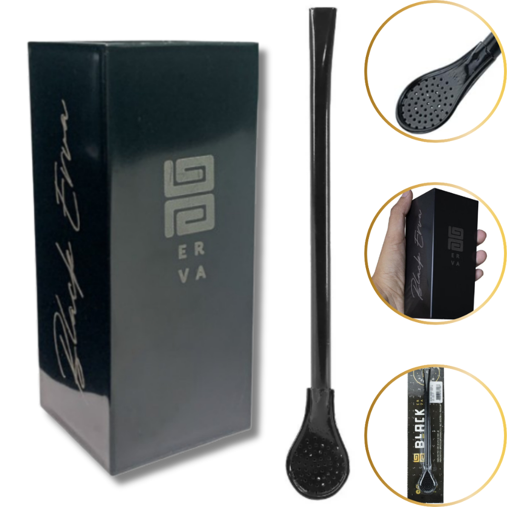 Kit Tereré Copo Cuia Quadrado Preta  270ml + Bomba Classica Preta c/ Micro Furos