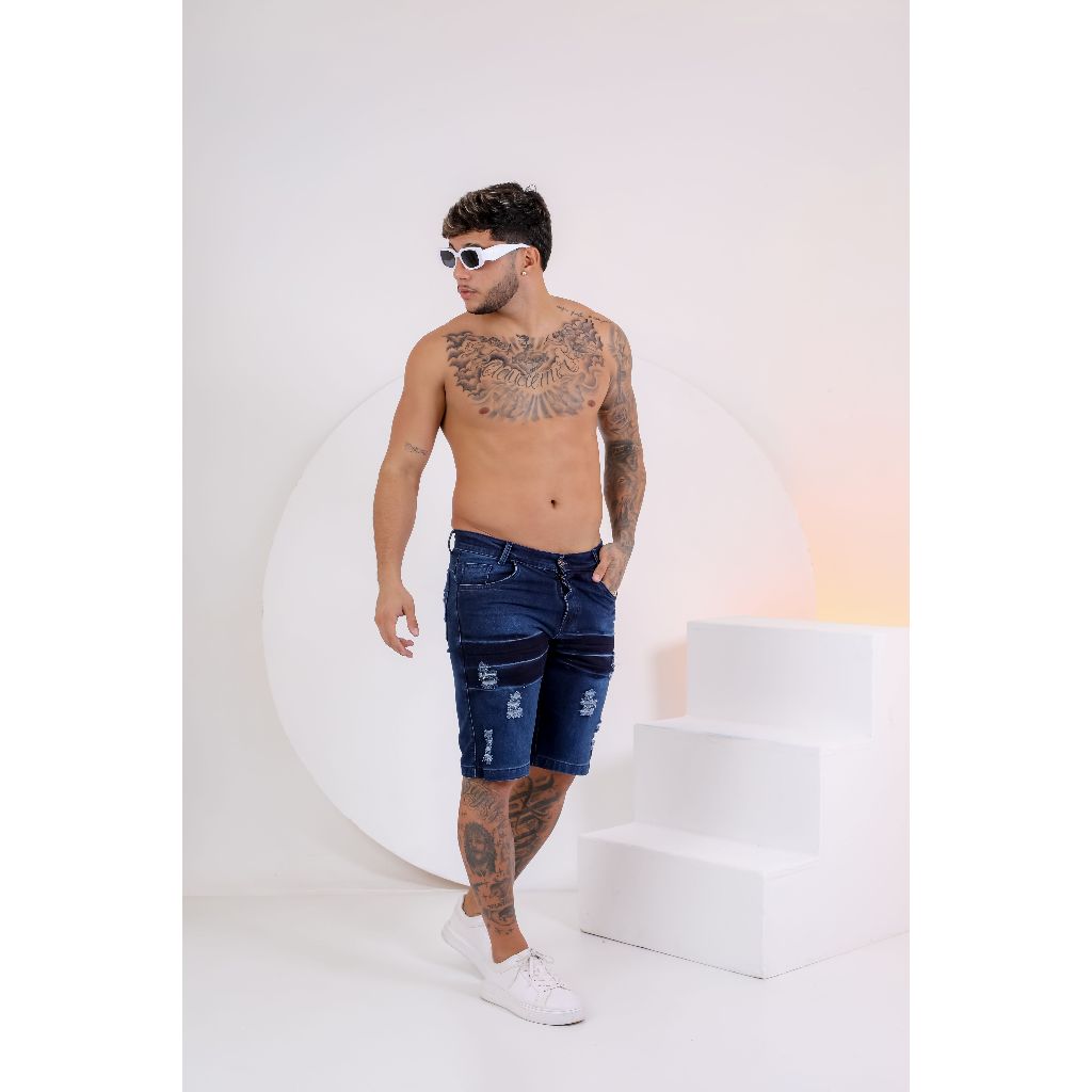 Bermuda Jeans Masculina Destroyed Azul Escura Achadinhos do Cezar
