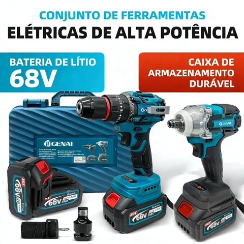 GENAI-68V/21V Kit 2 ​​Furadeira Parafusadeira ​Elétrica​ e Chave de Impacto A Bateria Potente Brushless 2 Baterias