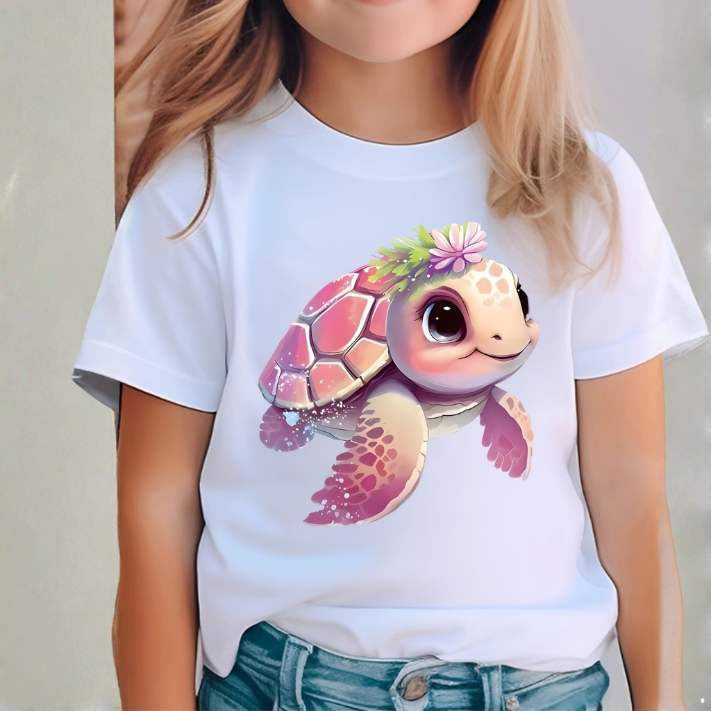 Camiseta Infantil Feminina Estampa Tartaruga Colorida Exclusiva para Crianças