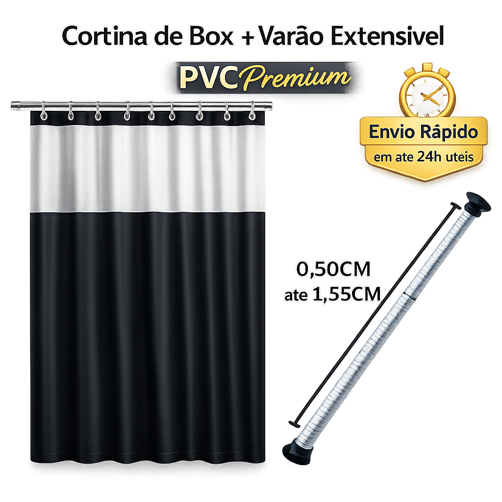 Cortina Box em PVC Para Banheiro Anti Mofo Com Ganchos Varias Cores + Suporte de cortina
