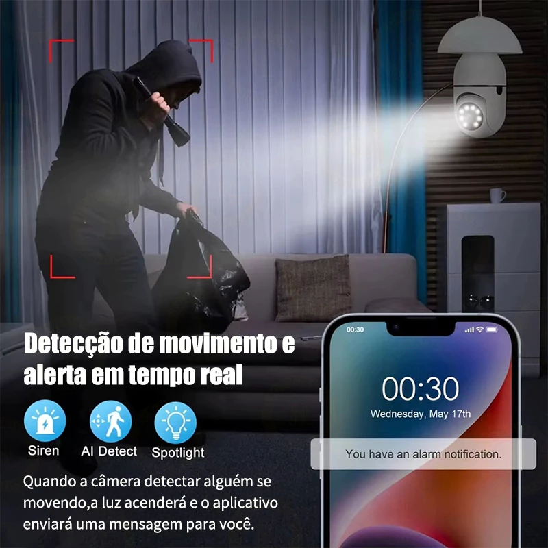 Câmera de Segurança WiFi Full HD 360° com Microfone e Lâmpada Sem Fio — foto 4