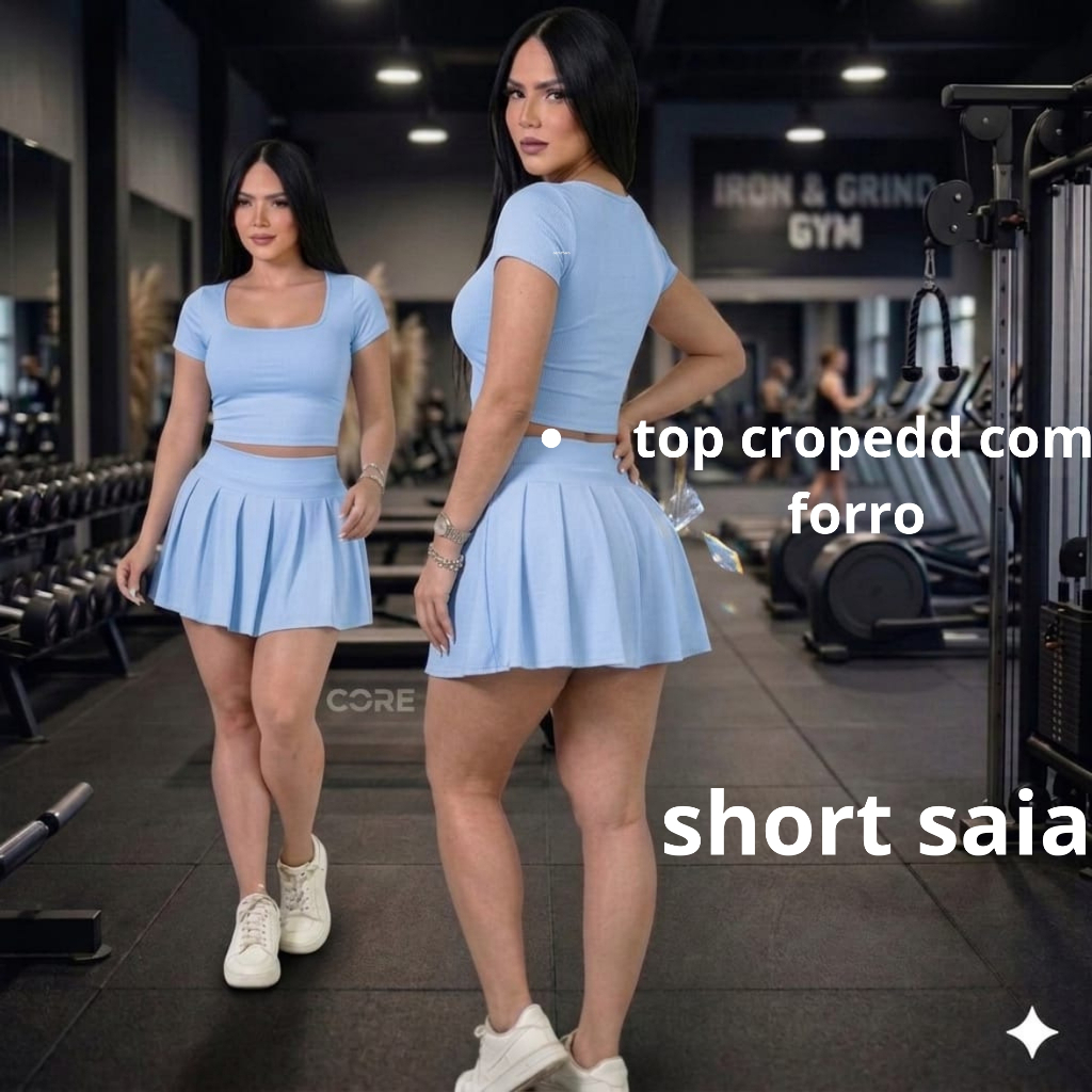 conjuto fitne acedemia  short saia crop top com forro  zero transparecia  veste  35 ao 42 tecido suplex