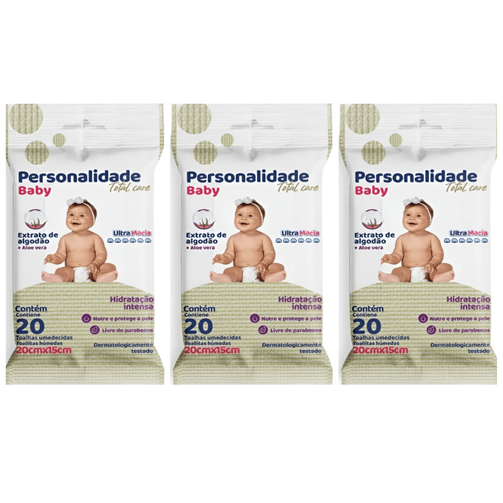 Kit 3 Pacotes de  Toalha Umedecida Personalidade Baby 20 unidades cada - Lenços Hidratação Intensa