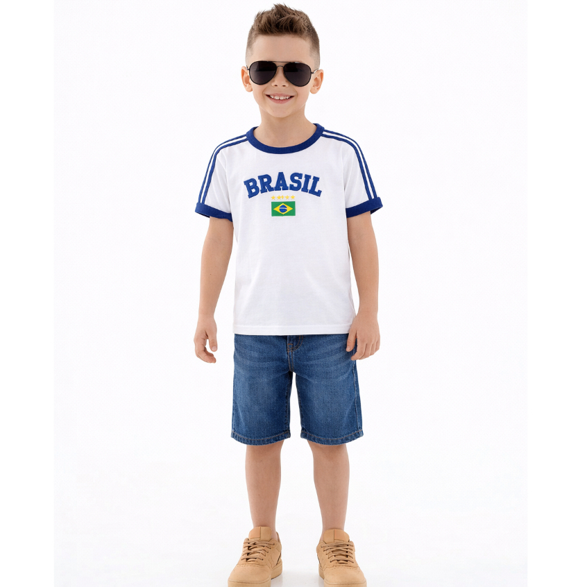 Camiseta Infantil Bandeira do Brasil Bordada Torcedor de Algodão Premium