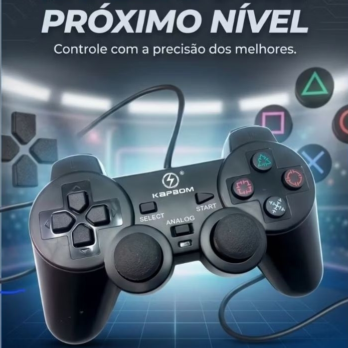 Controle Gamer PS2 - COM FIO - 2 Metros Dualshock Analogico Kapbom KAP-2Y