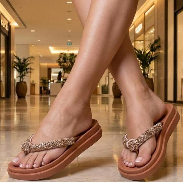 🤎PAPETE Feminina Plataforma Chinelo de Dedo Confortável Anatômico Tira Nó de Brilho Strass - Linda Elegante e Sofistica