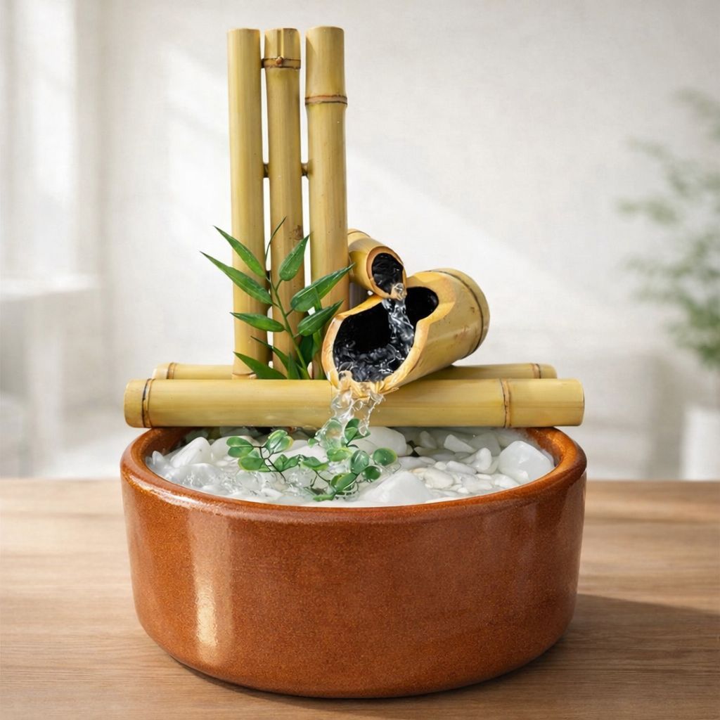 Imagem Fonte de Água Decorativa Cascata 2 Quedas Branca Zen Bambu Feng Shui Relaxante
