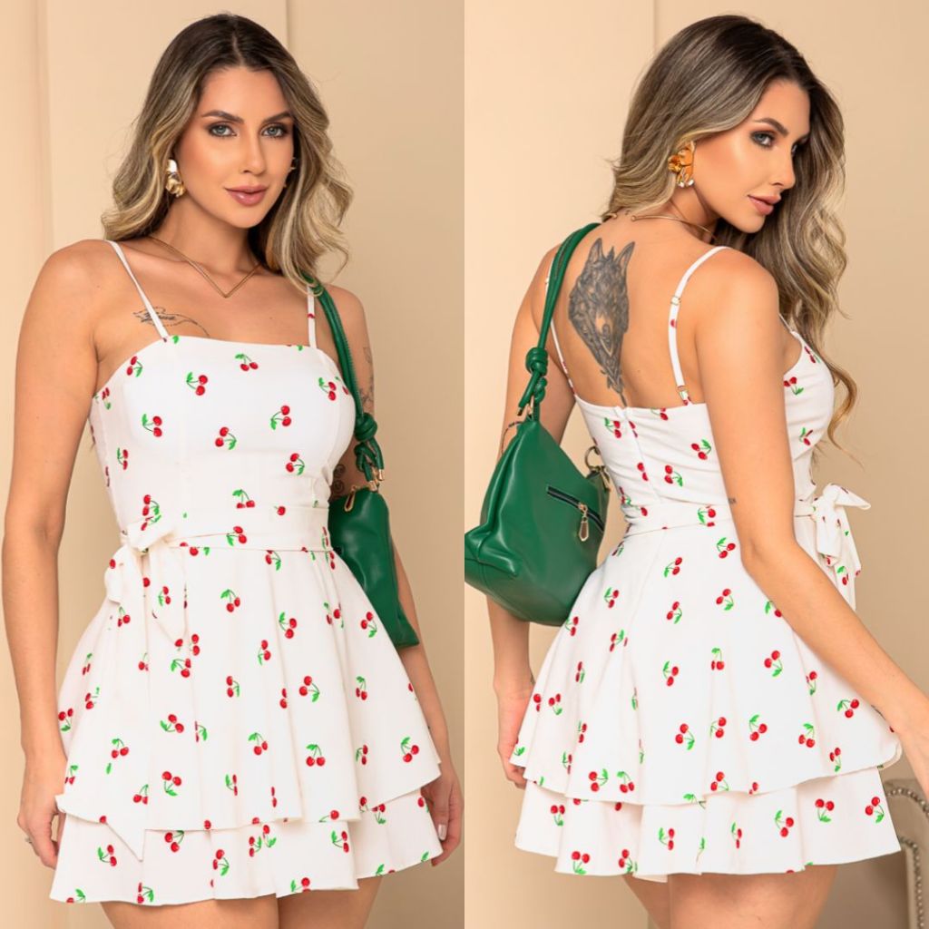 Macaquinho vestido soltinho Tecido macio Alça ajustável laço removível com bojo Elegante moda verão