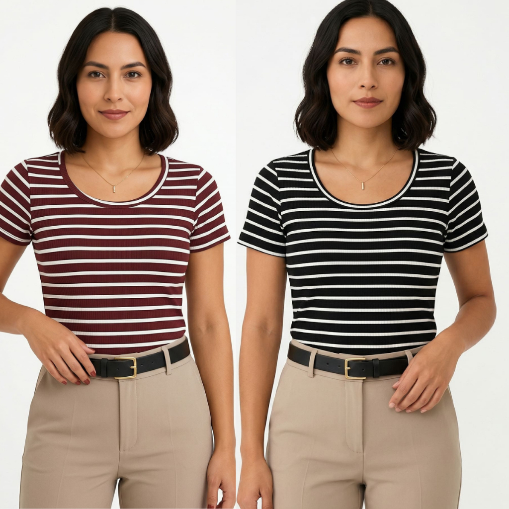 Kit 2 Blusinha Feminina Listrada Babylook Gola Canoa Manga Curta Tecido Anarruga