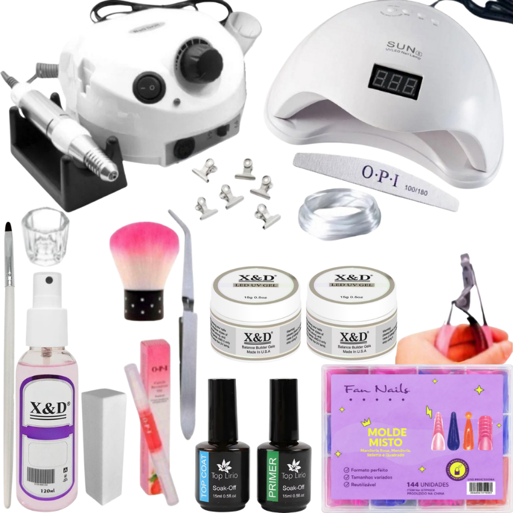 Kit Completo Alongamento Unha Gel e Fibra com Motor 50.000RPM  Nail Drill Profissional Manicure
