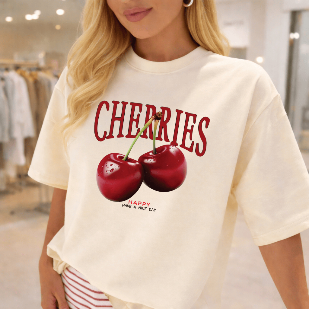 Camiseta Camisa blusa T-shirt Feminina Cerejas Happy Style Estampa Minimalista 100% Algodão