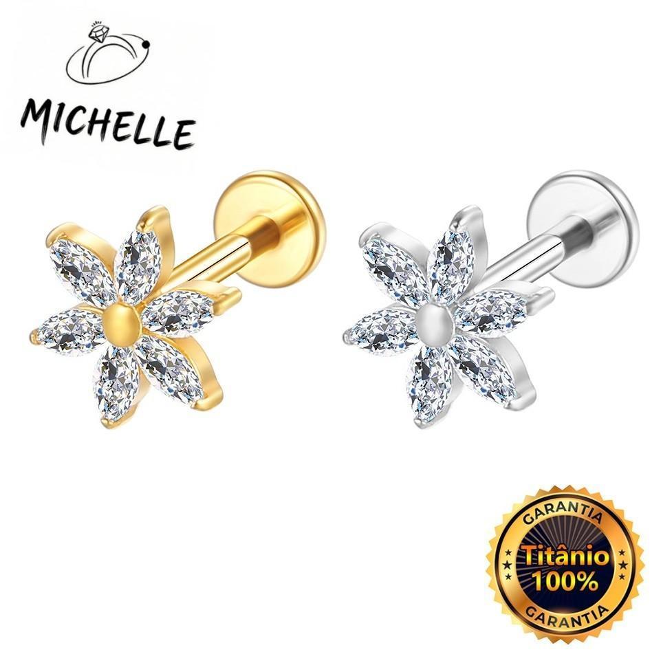 Piercing Labret TitâNio de Flor com ZircôNia Cravejada