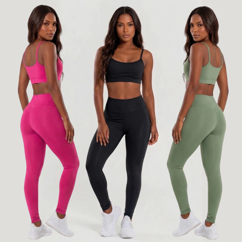 Kit Feminino 3 Conjuntos Academia Top + Legging Zero Transparência Cintura Alta Modelador Sem Bojo