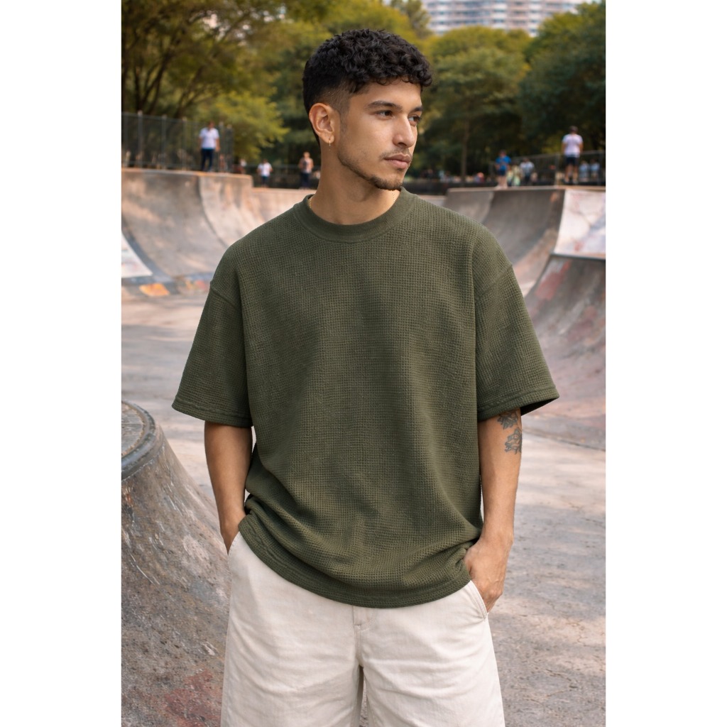 Camiseta Oversized Waffle Texturizada Masculina Streetwear Premium Manga Curta Confortavel