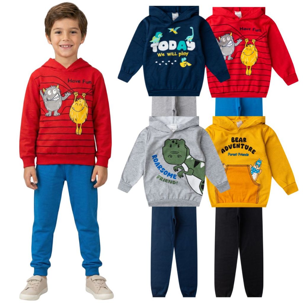 Kit 8 Peças Moletom Masculino Menino Infantil 4 Conjunto Casaco + Calça Flanelado Inverno Quentinho