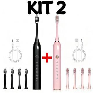 Escova de Dente Elétrica 2 Unidades | IPX7 À Prova dÁgua + 7 Modos + 8 Cabeças | Recarregável Portátil para Casa