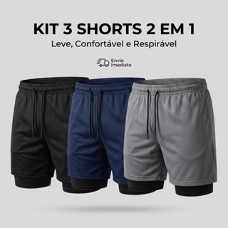 Kit 3 Shorts 2 em 1  Masculino Dry Fit com Bolso e Compressão Academia Corrida Treino em Oferta na Shopee