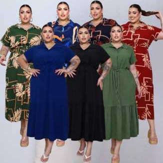 Vestido Chemise Longo Plus Size Duna do G1 ao G5 Evangélico Casual Chic Com Amarração botoés frontais Envio Imediato