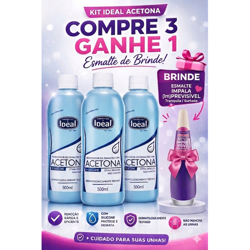 KIT C/3 Removedor de Esmalte/Acetona Ideal 500ml
