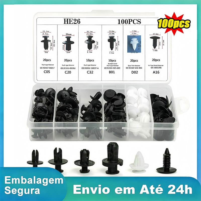 100 Pcs Kit Fixador Automático Clipe Mista Push Pino Retentor Rebite Para Porta Painel Carro