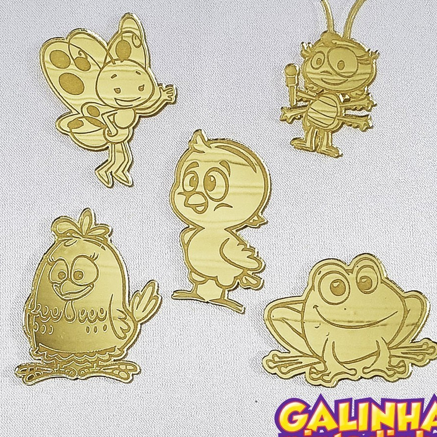 Kit 10-20 ou 30 Aplique Galinha Pintadinha em Acrilico Espelhado Dourado 5cm FAST-24HR