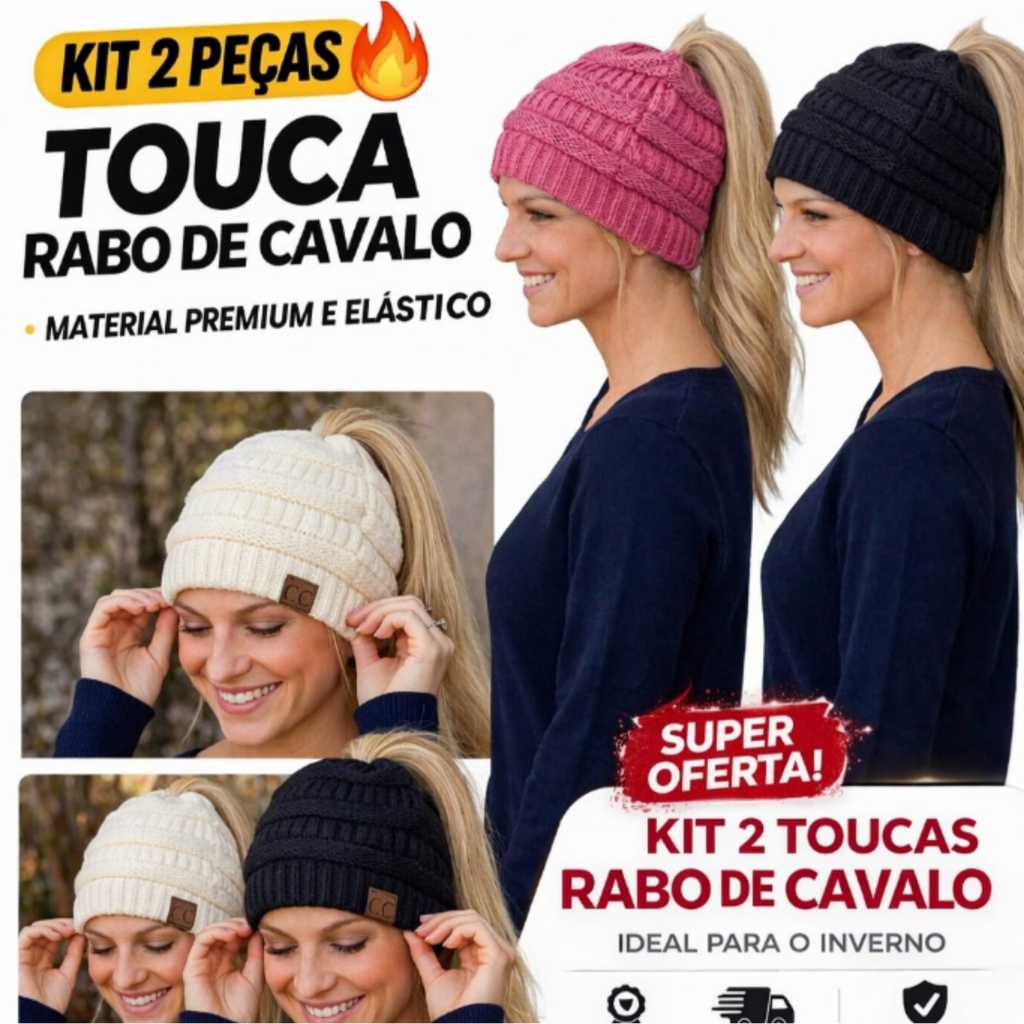 Kit 2 Touca Gorro Feminina Lã com Furo Rabo de Cavalo Quentinha Inverno Frio Moda Estilo