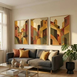 Quadro Decorativo Abstrato Sala Com Moldura Quadro Quarto Casal Quadro Colorido Cidade Mediterrânea