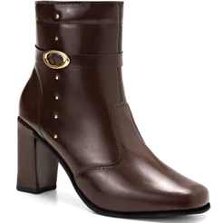 Bota Feminina Lumiss Cano Curto Salto Alto Bloco Bico Quadrado Rebite Dourado