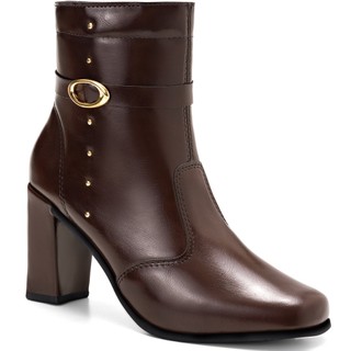 Bota Feminina Lumiss Cano Curto Salto Alto Bloco Bico Quadrado Rebite Dourado
