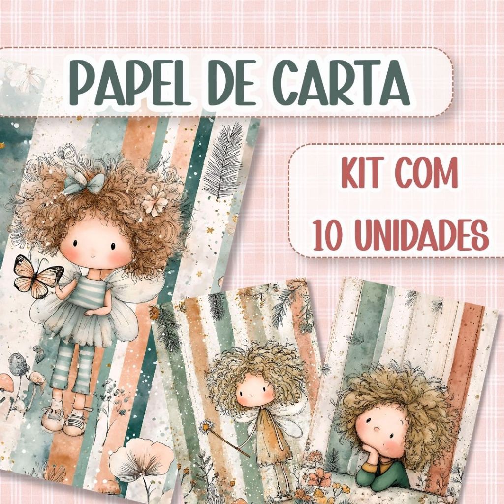Papel de Carta Fadinhas Fofo Kawaii 14x20cm Kit 10 Unidades Papel Decorado Cartinhas Scrapbook Papelaria