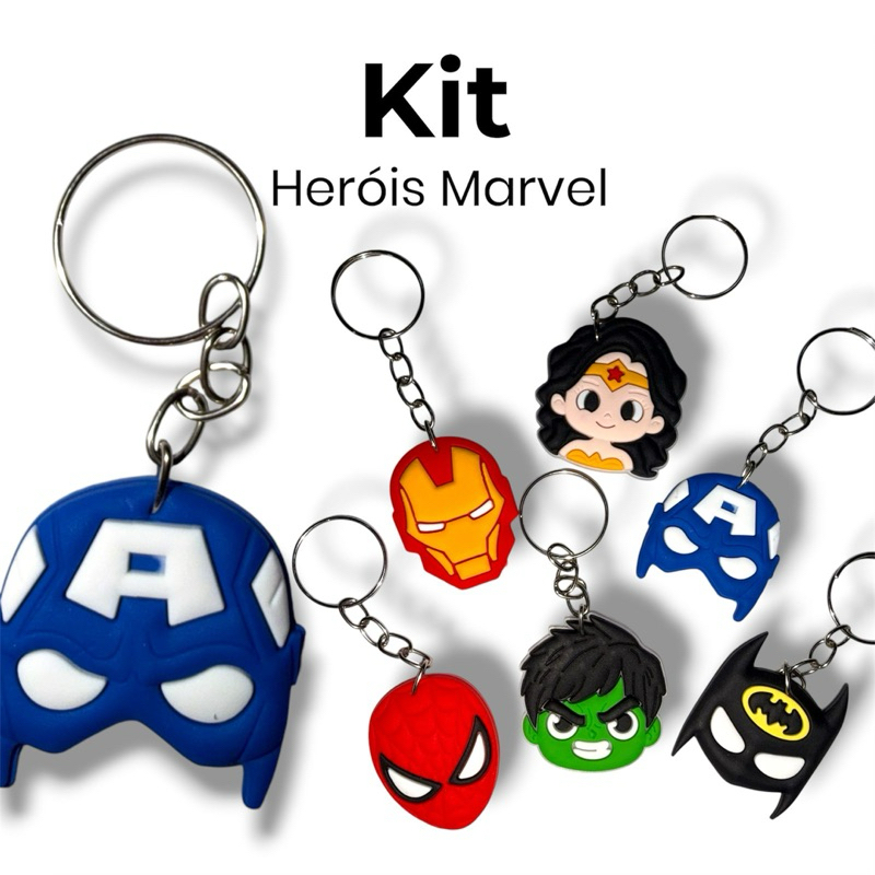Kit Chaveiros Heróis Marvel Hulk Mulher Maravilha Homem de Ferro Batman Homem Aranha Aniversário