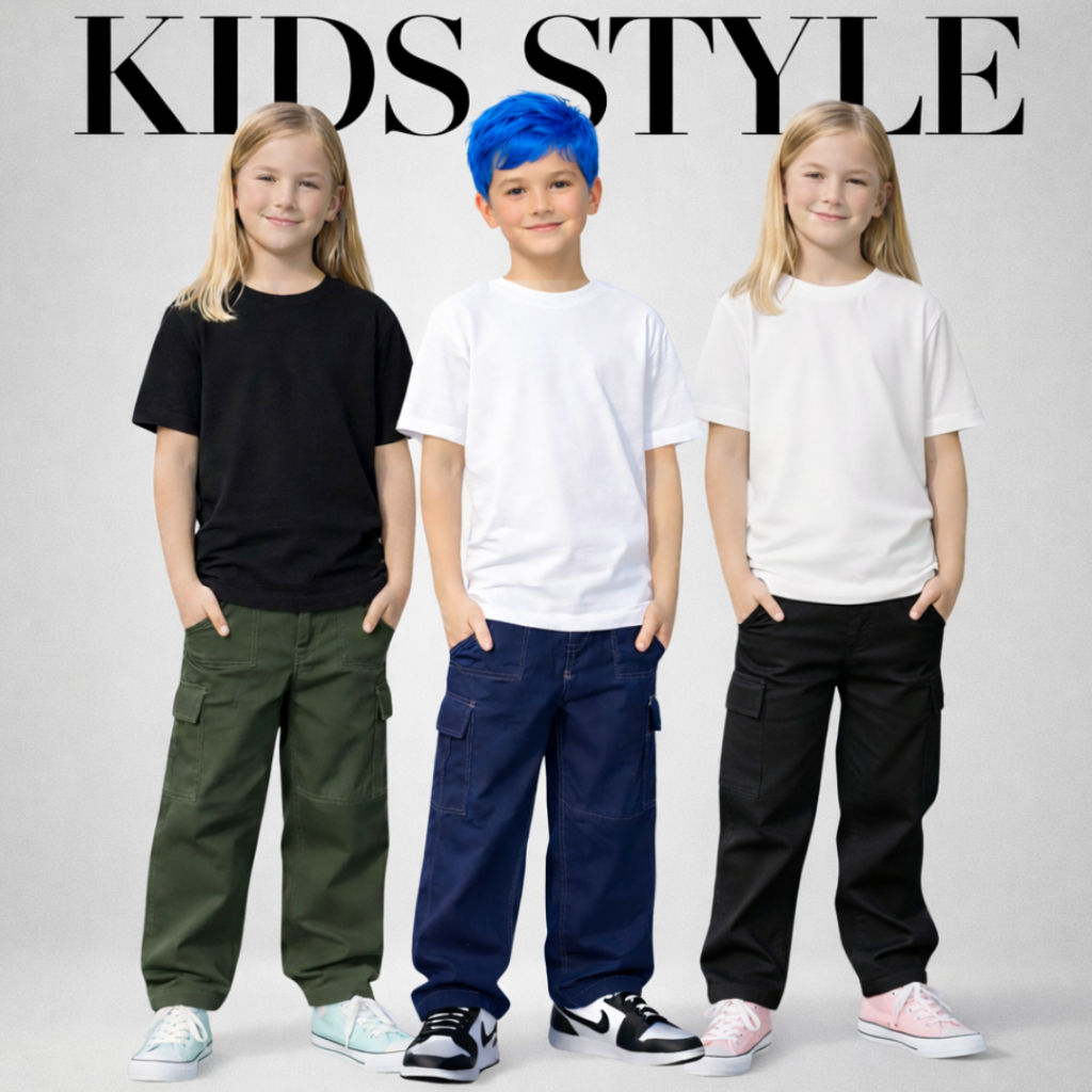 Calça Azul Marinho Escolar Cargo Infantil Masculina Feminina Tecido Sarja Bolsos Laterais Confortável Elástico e Cordão