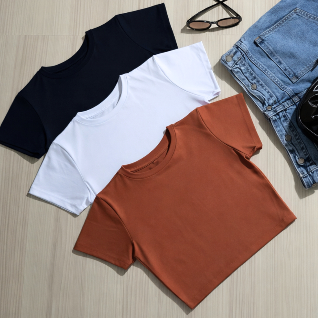 Kit 3 Cropped  Feminino Blusinhas Curta Manga Baby Tee Suplex Básica