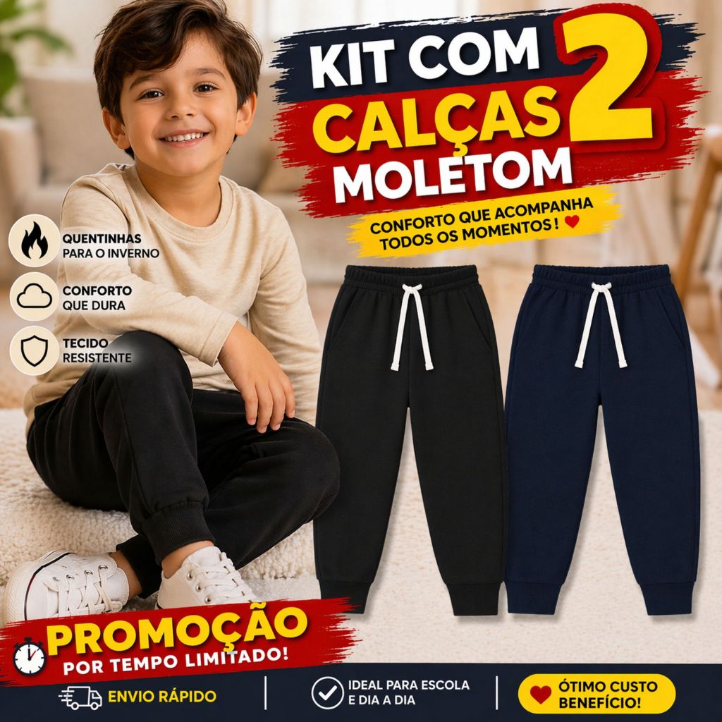 Kit 2 Calças de Moletom Flanelado Infantil Juvenil Unissex Inverno