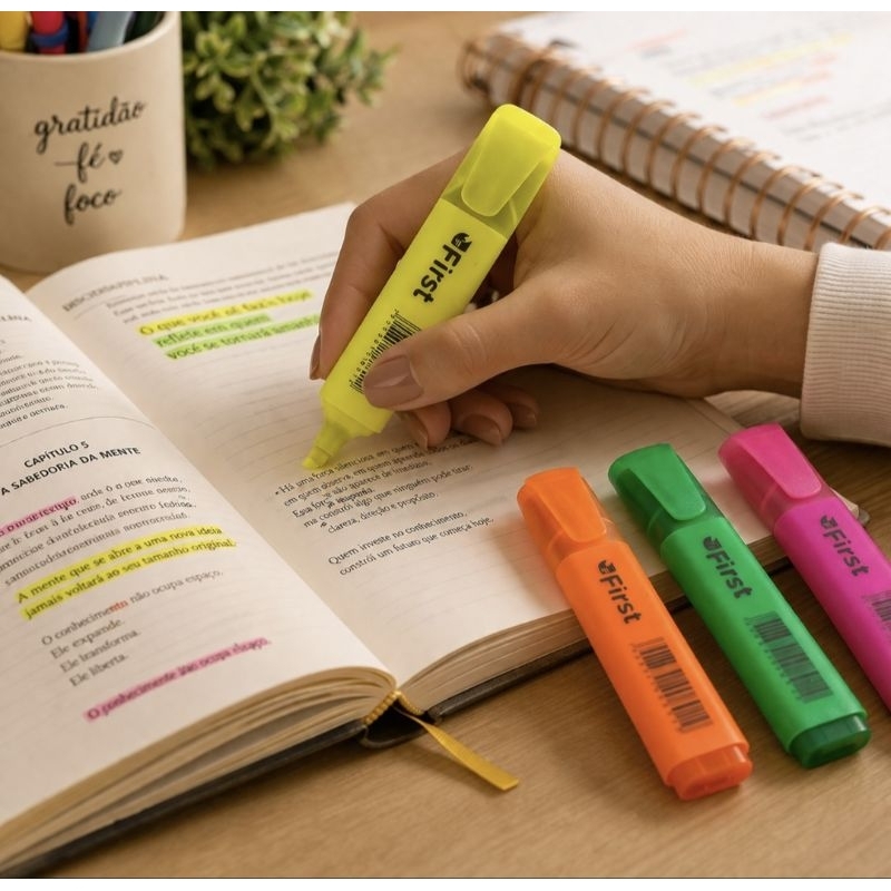 Kit Marcador de Texto Estojo 4 Cores Neon Caneta Escolar Marca Texto Marca First