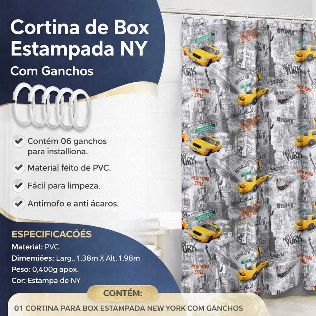 Cortina de Box Estampada New York PVC 1,38x1,98 Antimofo Com Ganchos Banheiro Moderno