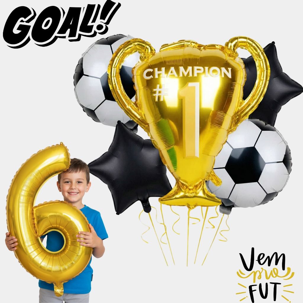 Kit 5 Balões Futebol + Número Dourado Troféu  Estrela e Bola Metalizados Festa Decoração Aniversário