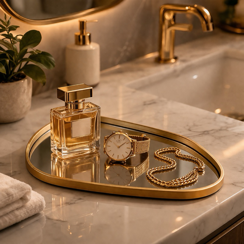 Bandeja Orgânica Decorativa Espelhada Dourada Multiuso Banheiro Lavabo Sala