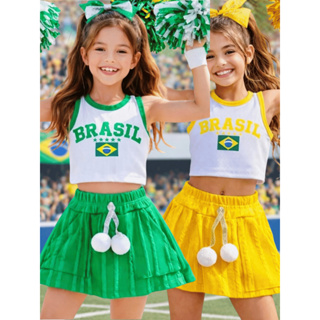 Conjunto Infantil Torcedora Brasil Regata e Short Saia Look Menina Copa em Oferta na Shopee