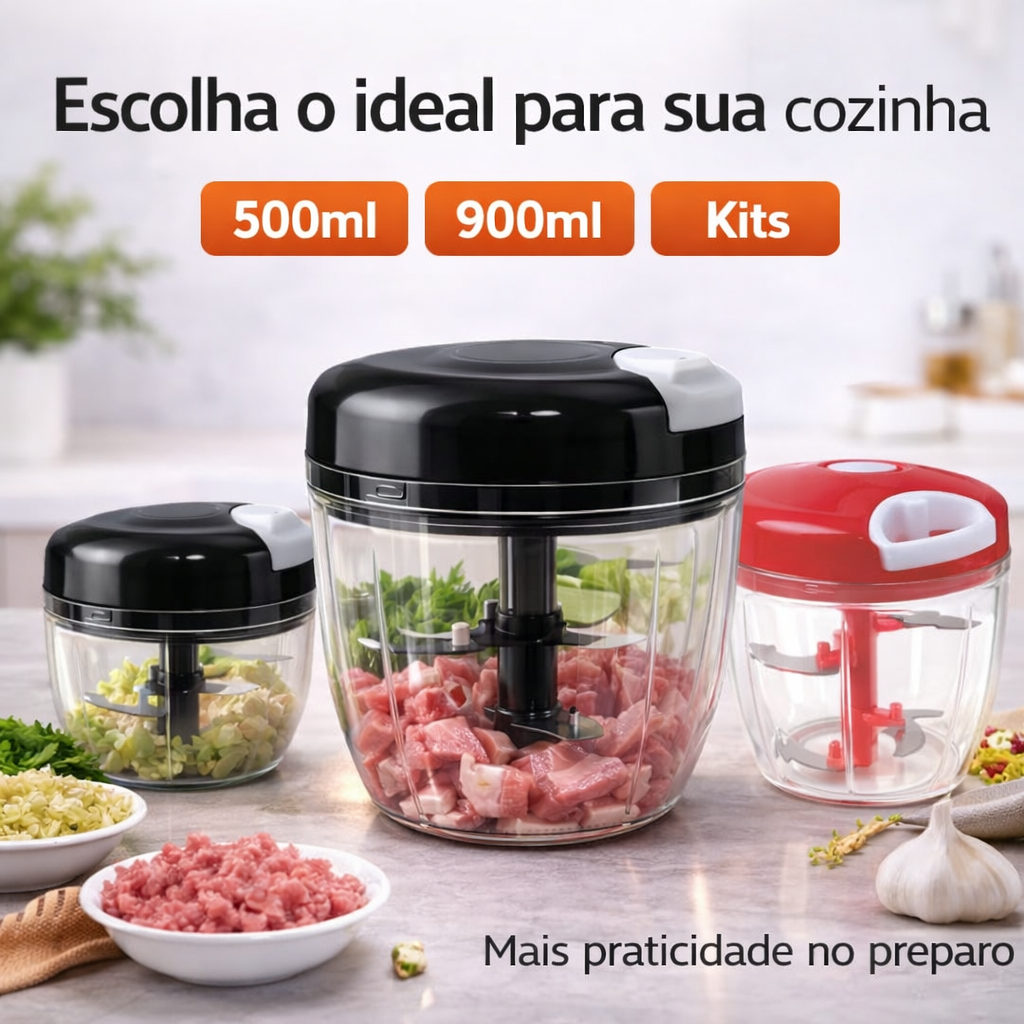 Triturador Manual Alimentos 500ml e 900ml 5 Lâminas Inox Processador Cozinha Alho Cebola