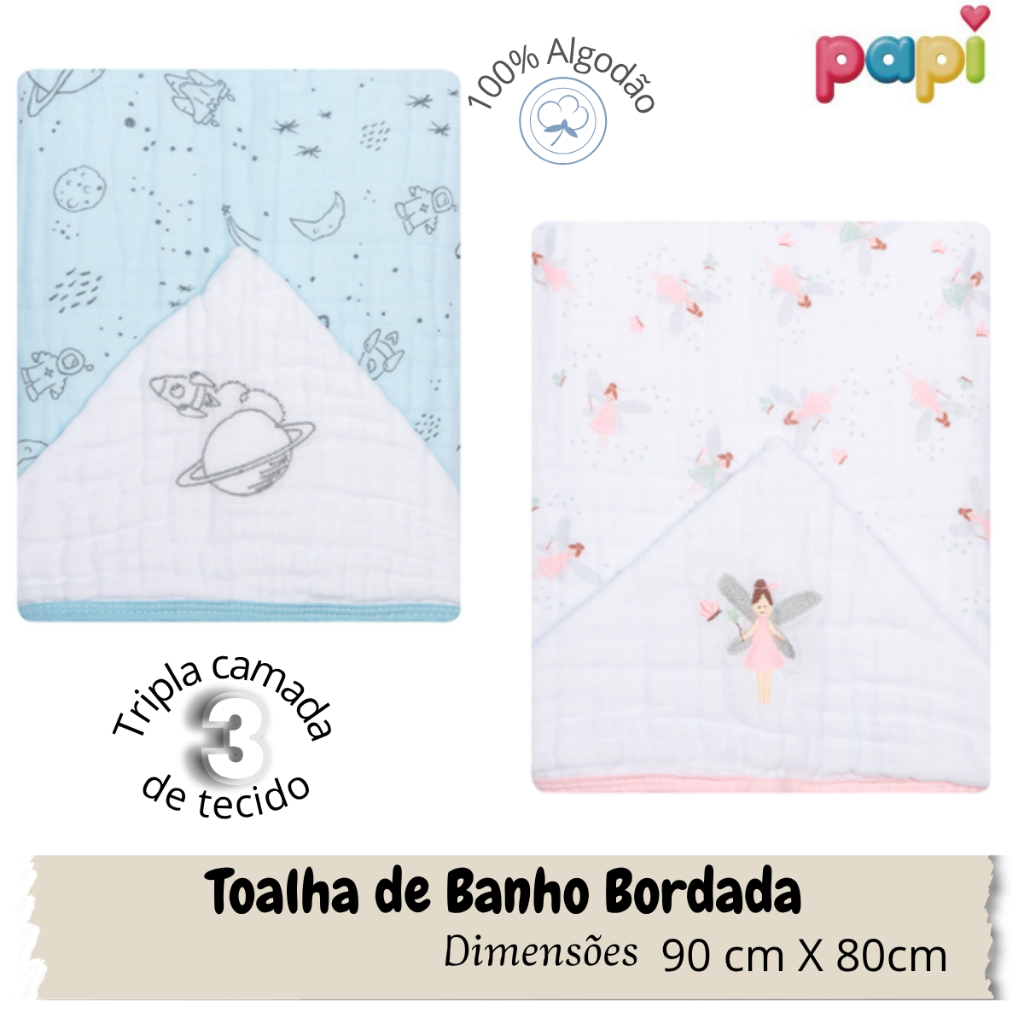 Toalha de Banho Infantil Bebê 100% Algodão Com Capuz Bordado 90cmx80cm - 3 camadas Enxoval