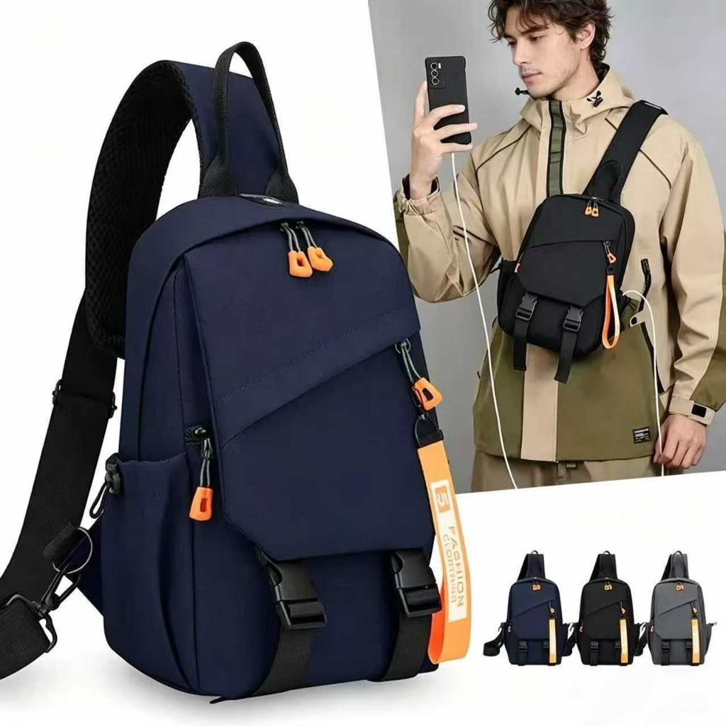 Mochila de Peito Masculina Impermeável Multifuncional para Trilha, Acampamento e Uso Diário com USB