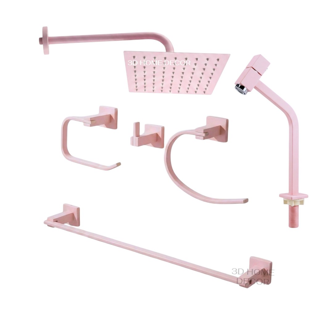 Conjunto Luxo Rosa Metal P/ Banheiro Acessórios Torneira Quadrada Rosa Chuveiro Rosa Banheiro