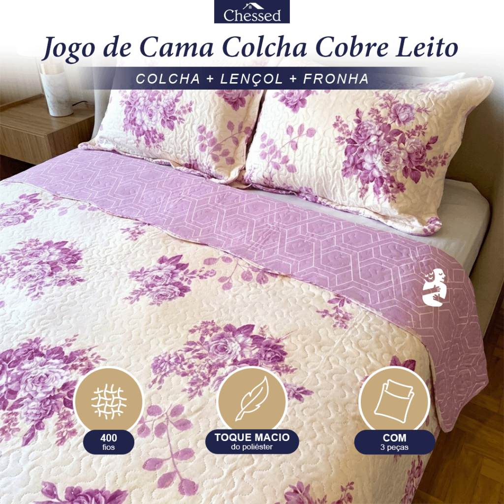 Kit Colcha Cobre Leito 3 Peças Dupla Face Matelado Floral para Cama Box