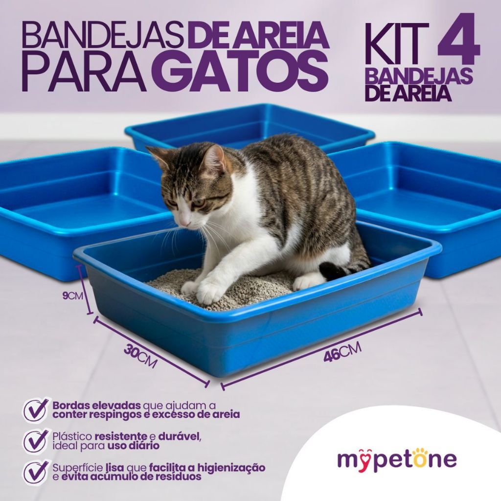 Kit com 4 Bandeja de Areia Higiênica Simples Azul para Gatos - MyPetOne