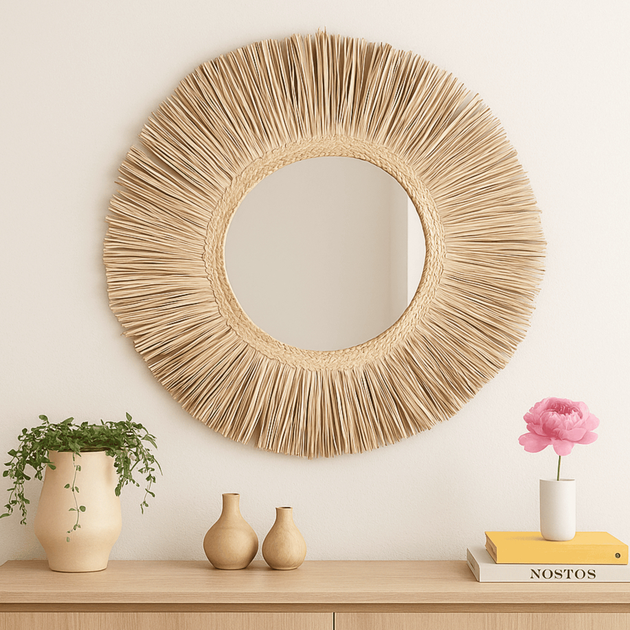 Espelho boho chic Redondo 90cm Decoração Praia Palha Natural em Oferta na Shopee