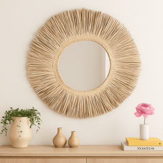 Espelho boho chic Redondo 90cm Decoração Praia Palha Natural em Oferta na Shopee