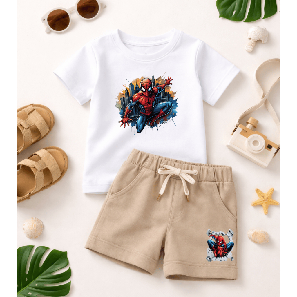 Conjunto Infantil Spider Man Para Meninos Estiloso de Verão - Camiseta Manga Curta e Bermuda de Moletom Homem Aranha